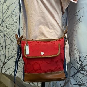 Chaps Elegant Red and Brown Crossbody Bag with Quilted Design
